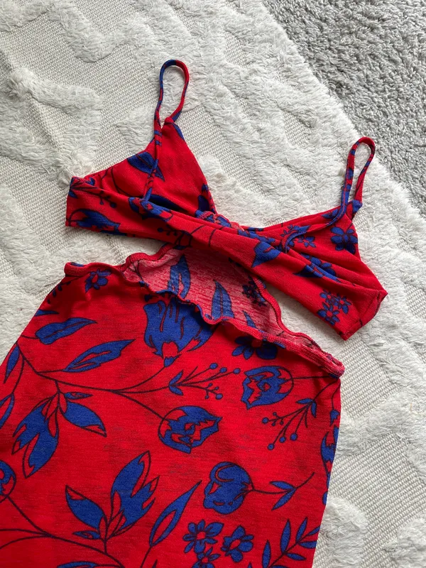 SheIn Red and blue flower side cut out spaghetti strap mini Bodycon fitted Sun dress - Image 6