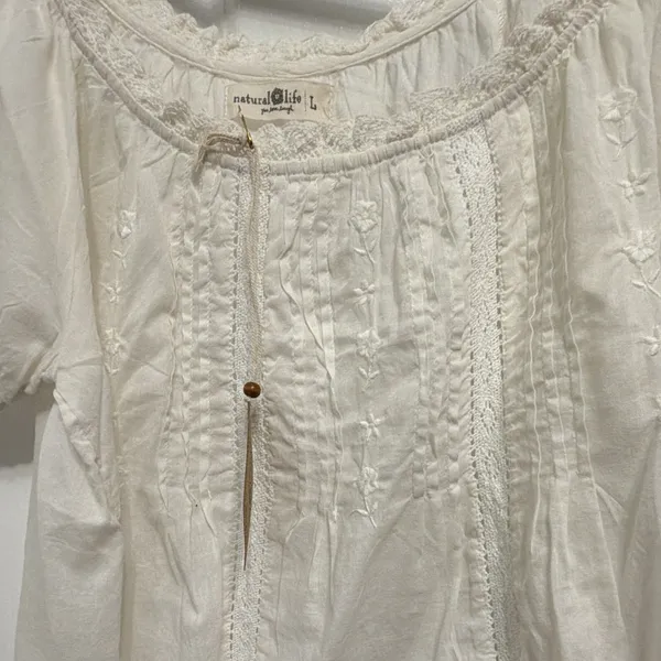 Natural Life White Cotton Woven Peasant Blouse Lace Embroidered Puff Sleeve L - Image 2