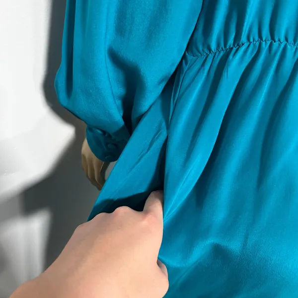 Vintage Tracer Silk Dress Teal Blue Button Front Puff Sleeve Midi‎ Medium 12 - Image 4
