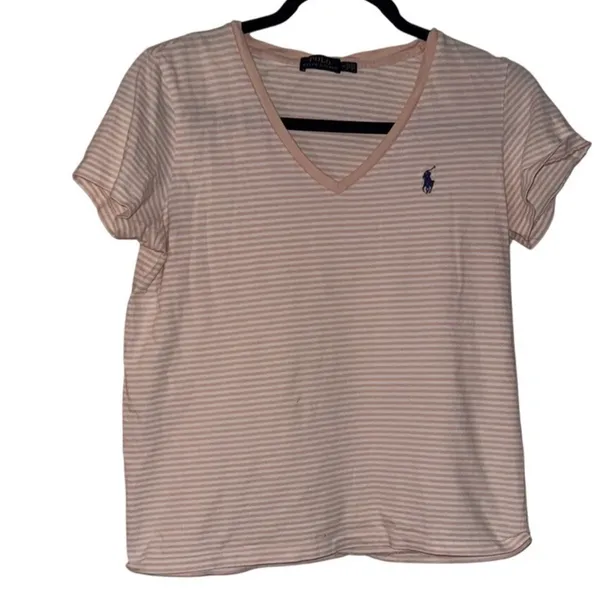 Polo Ralph Lauren Striped V-Neck T-Shirt‎ Women's Pink White Medium - Image 2