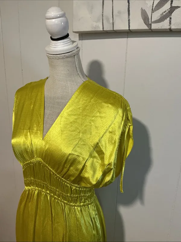 Anthropology Yellow V-Neck Satin Maxi Dress - Image 2