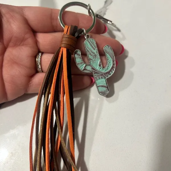 Turquoise Cactus Keychain with Tassel Silver - Image 2