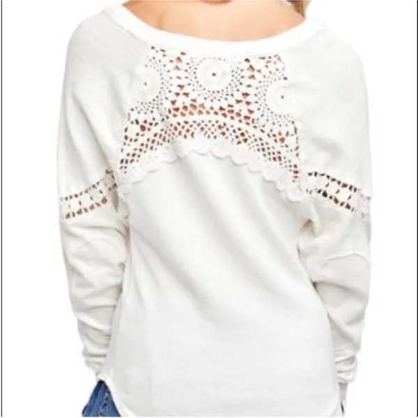 Free People White Luella Textured Thermal Top long sleeve eyelet peasant boho S - Image 2