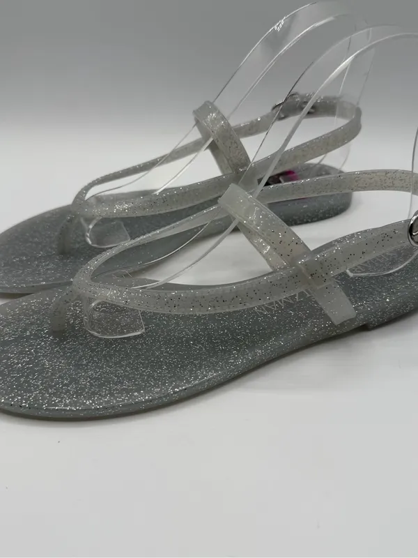 Stuart Weitzman Sallie Jelly Sandals 9 Silver Glitter T Strap Clear NWOB - Image 3