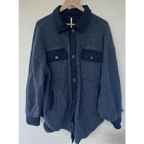 Free People Button Down Jacket Ruby Fleece Shacket Gray Lounge Cozy Oversized M - Image 2