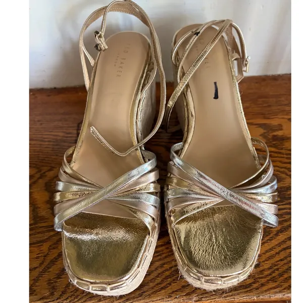 Ted Baker London Metallic Gold Silver Espadrille Wedge Sandals Strappy Heel - Image 4