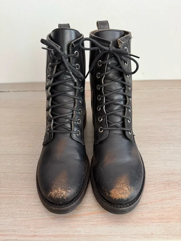 Vintage Frye Veronica Combat Boots Black Antiqued Leather Distressed Heritage 7B - Image 2