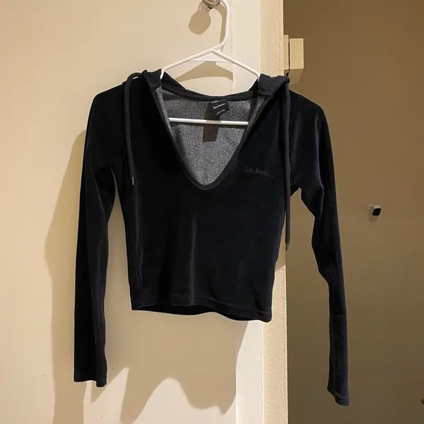 Iets Frans black Velvet Cropped Hoodie - Image 4
