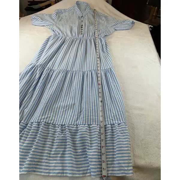 Blue White Striped Tiered Midi Dress XL Short Sleeve Button Front Coastal Boho - Image 5