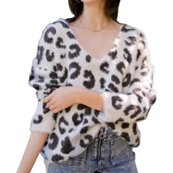 POL Cream Fuzzy Animal Print V Neck Sweater Size Medium - Image 8