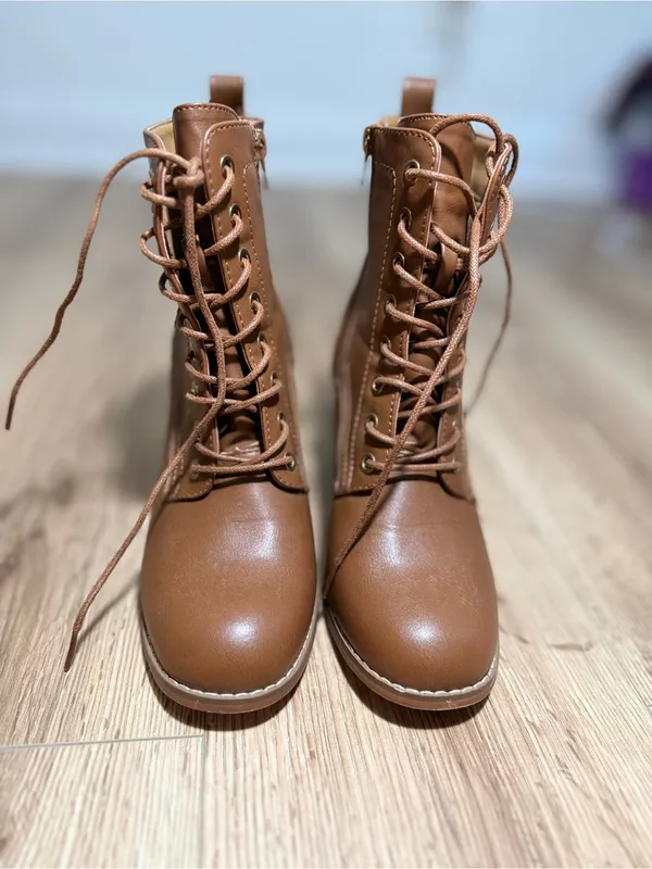 Tan Lace‎ Up Combat Ankle Boots Womens 7.5 Block Heel Side Zip Faux Leather - Image 2