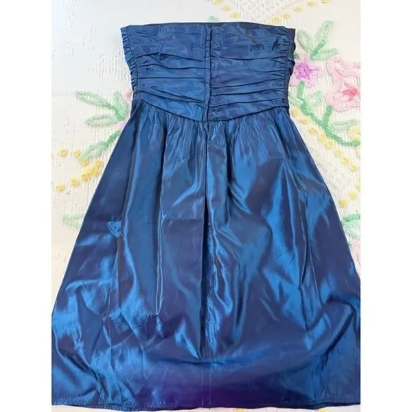 Vtg Handmade Dolly Woodruff Blue Iridescent Strapless Ruched Cocktail‎ Dress - Image 7
