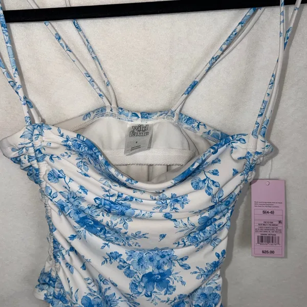 Wild Fable Floral One Piece Swimsuit Women S Blue White Ruched Toile Coquette - Image 2