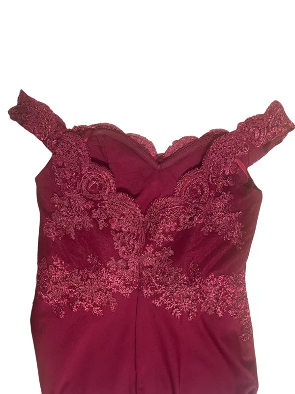 Cinderella Divine BurgundyLace Off Shoulder Prom DressGown L Slit Formal - Image 6