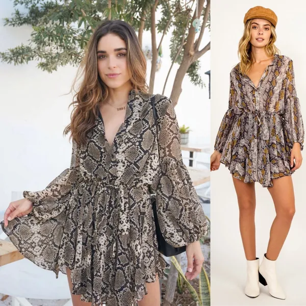 12th Tribe snakeskin snake python animal print button down long billowy balloon sleeve swing dress - Image 3