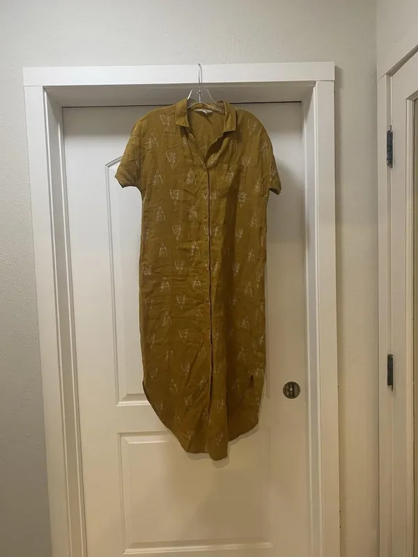 Garnet Hill Shirt Dress Womens XS Yellow Linen Geometric Button Midi Casual - Image 2