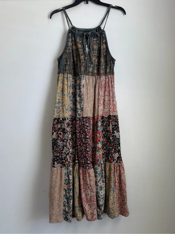 Young Threads Embroidered Denim Halter Patchwork Midi Dress Latte L NWT - Image 2