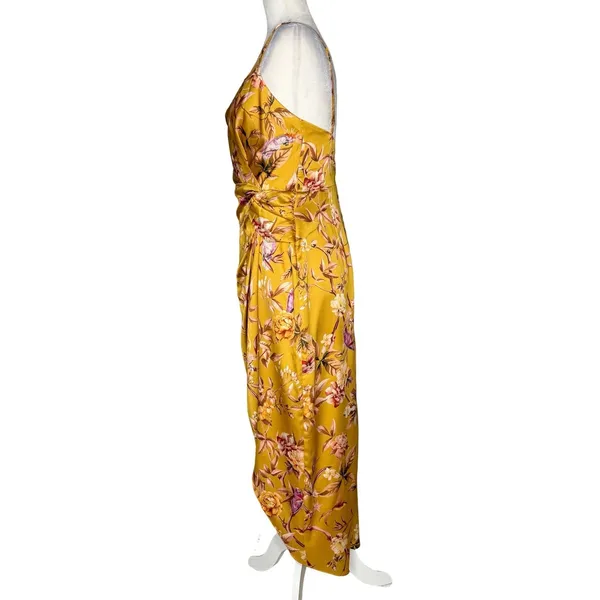 NWOT Express Satin Mustard Yellow Floral Bird Twist Front Tulip Midi Dress Small - Image 6