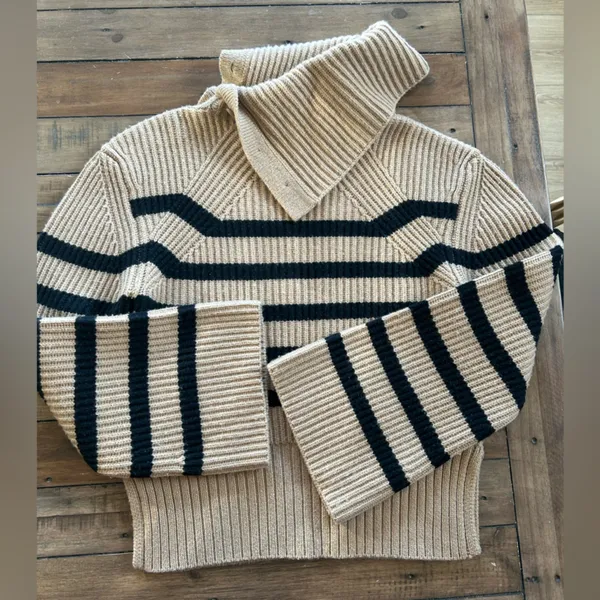 Simkhai Cashmere Wool Adrienne Striped Button Turtleneck Brown Sweater - Image 11