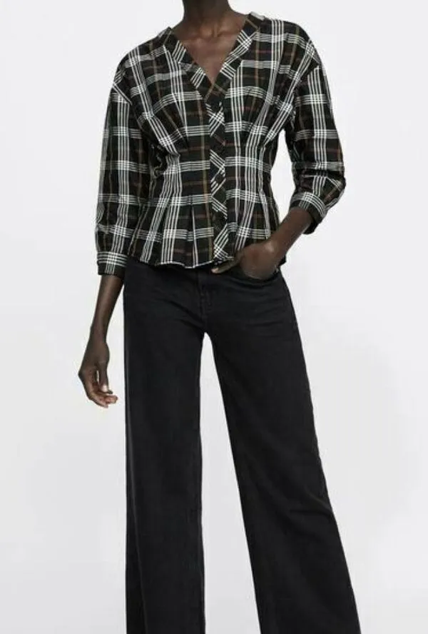Zara Plaid Peplim V-Neck Blouse Top 3/4 Sleeves - Image 4