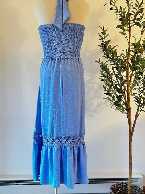 Smocked Waist Blue Halter Maxi Dress with Lace Hem - Image 3