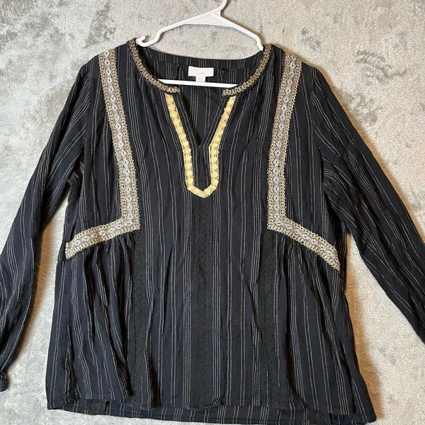 J Jill Sz Medium Embellished Crinkle‎ Peasant Split V-Neck Blouse Boho Black Tan - Image 2