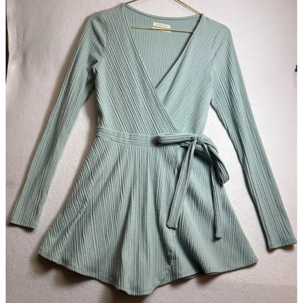Urban Outfitters Ribbed Long Sleeve Wrap Romper Sage Green Small - Image 3