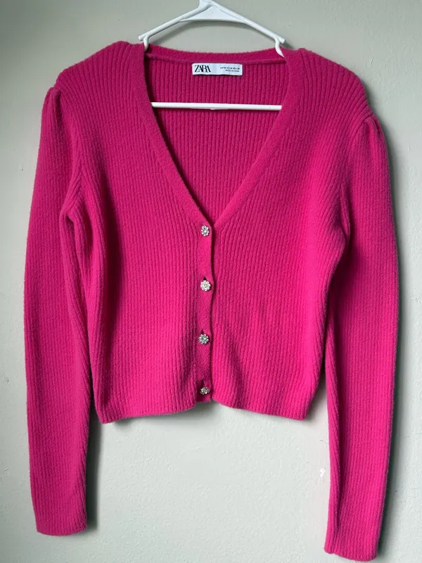 ZARA Hot Pink Fuchsia Cropped Ribbed Cardigan Rhinestone Buttons M - Image 2
