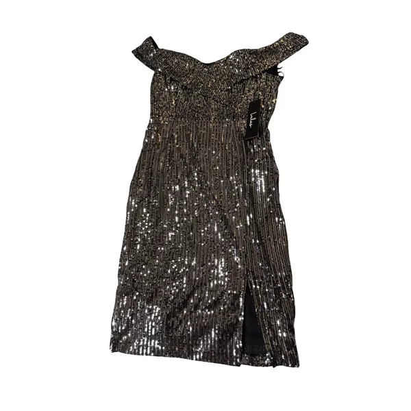NWT Lulus SZ Small Once in a Lifetime Silver Sequin Off-the-Shoulder Mini Dress - Image 3
