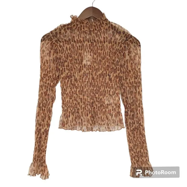 FREE PEOPLE Sheer Leopard Print Smocked Long Sleeve Top Mock‎ Neck Size XS New - Image 2