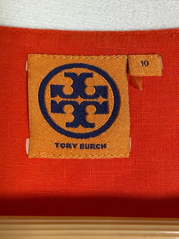 Tory Burch 100% Linen Shift Dress Orange Roll Tab Sleeve Mini Tunic Women’s 10 - Image 7