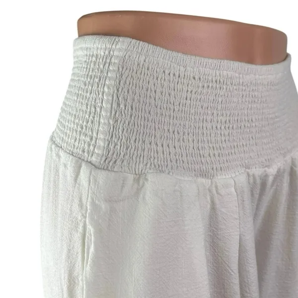 Women's White Smocked High Waisted Boho Wide Leg Baggy Trousers Pants Size L - Image 3