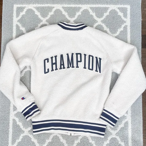 Champion cream Sherpa varsity bomber sporty jacket with logo - Image 8