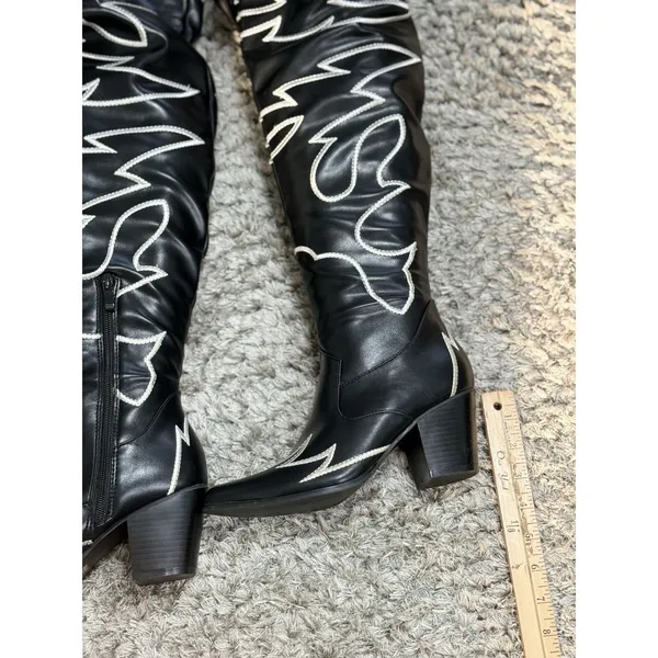 Women's Black & White Cowboy Western Boots Knee High Embroidered Block Size 6 - Image 15