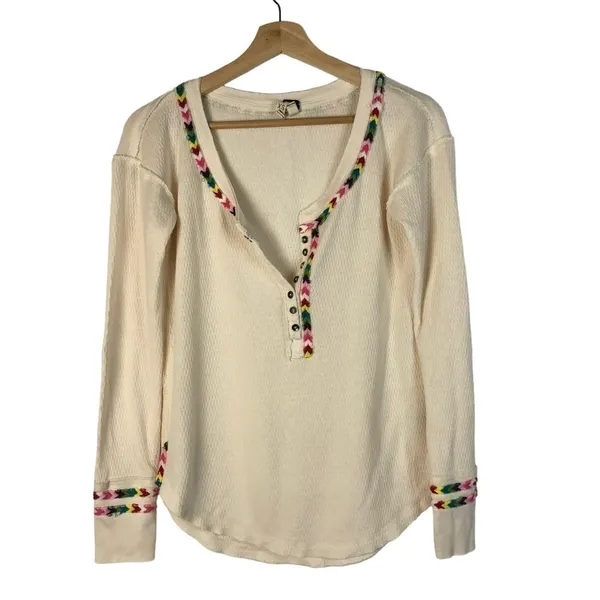 Free People We the‎ Free Ivory White Rainbow Thermal Henley Long Sleeve Tee XS - Image 2