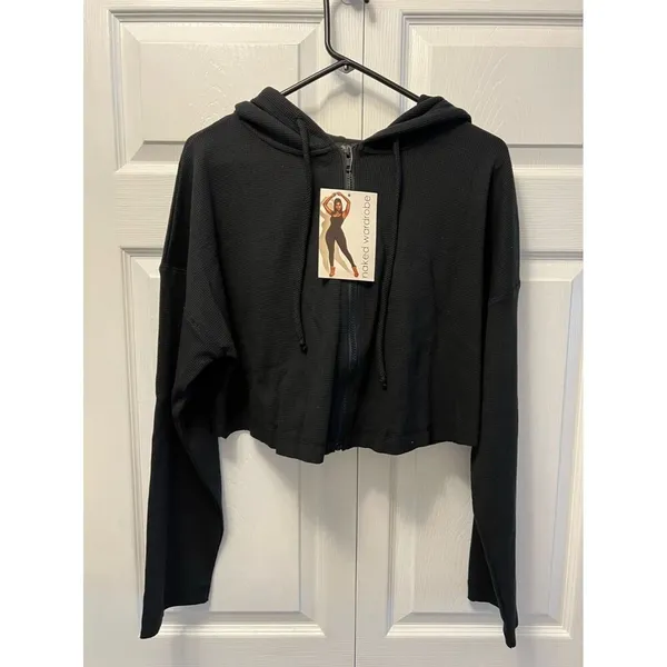 Naked Wardrobe Hoodie Womens 1X Black Cropped Zip Up Solid‎ NWT - Image 2