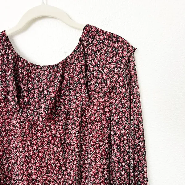 [LOFT] Red Black Floral Print Ruffle Neck Long Sleeve V-Neck Blouse Size Large L - Image 7