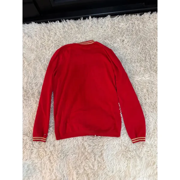 Vintage Tommy Hilfiger Red V Neck Sweater Gold Trim Pima Cotton‎ Blend Size M - Image 6