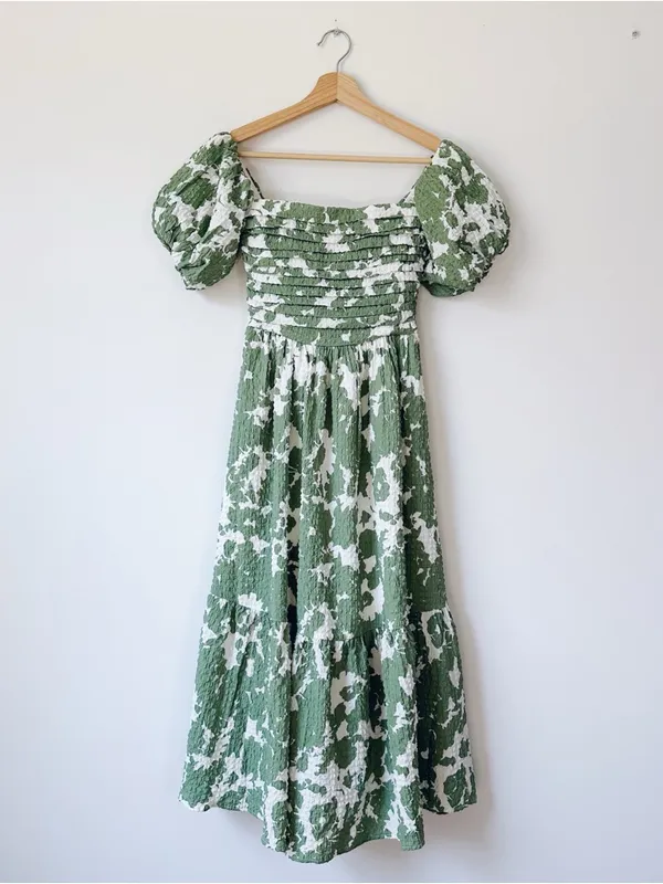 Abercrombie & Fitch Green Puff Sleeve Floral Midi Dress - Image 4