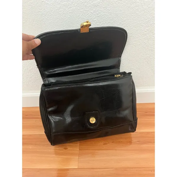 Vintage 80s Black faux leather satchel bag w/top handle detachable strap - Image 8