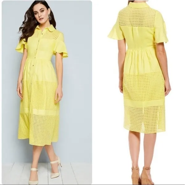 Belle Badgley Mischka Dailey Eyelet Linen Shirt Dress in‎ Yellow Size 0 - Image 2