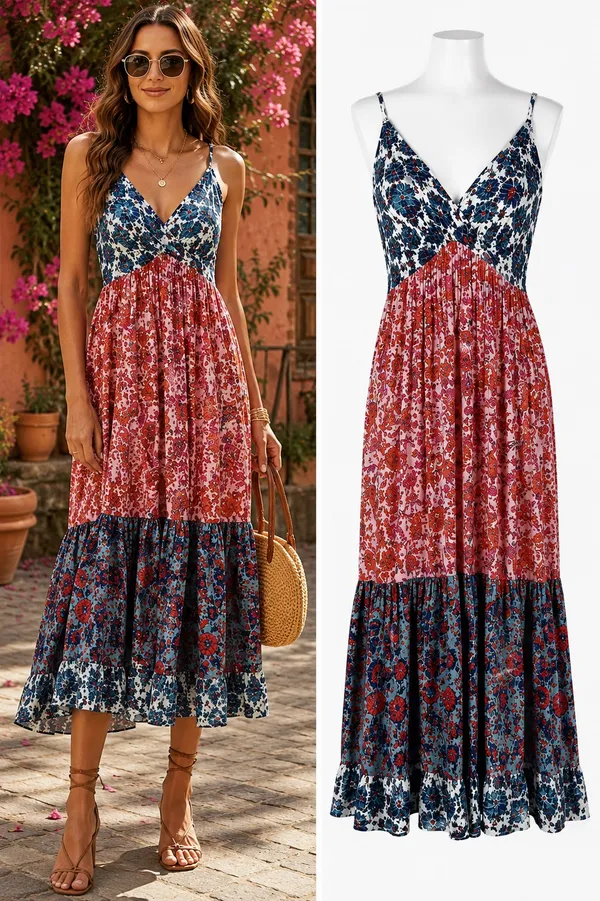 918 Angie XL Floral Patchwork Boho Midi Dress - Image 15
