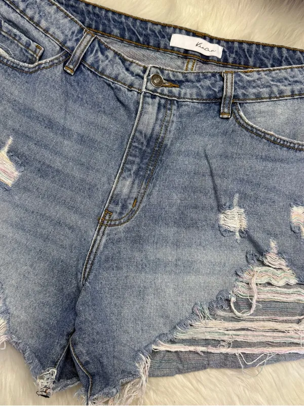 KanCan Distressed Denim Shorts High Rise Rainbow Frayed Raw Hem Size 14 - Image 3