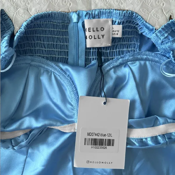 NEW Hello Molly Satin Baby Blue Mini Dress Large Dollcore Romantic Cottagecore - Image 3