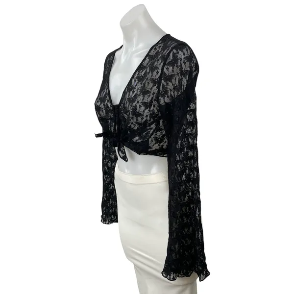 H&M Women's Black Butterfly Floral Lace Mesh Sheer Long Sleeve Crop Top Size M - Image 3