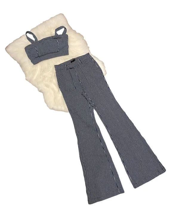Forever 21 Striped Denim Crop Top and Wide Leg Jean 2 Piece Set Size Small - Image 12