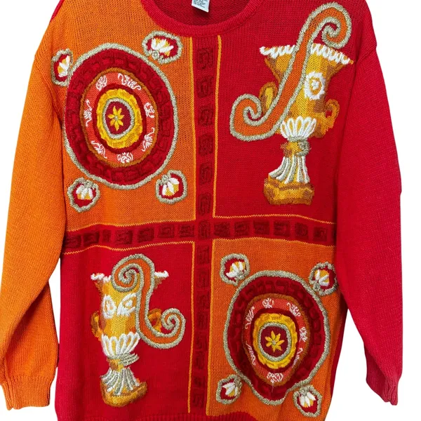 Vintage Grecian Embroidered‎ Sweater M Eccentric Artsy Geometric Maximalist 90s - Image 3