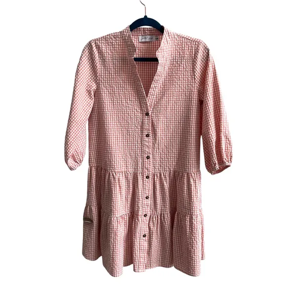 Petal + Pup Shirt Dress Women S/M Peach Gingham‎ Cottagecore Tiered Mini Button - Image 4