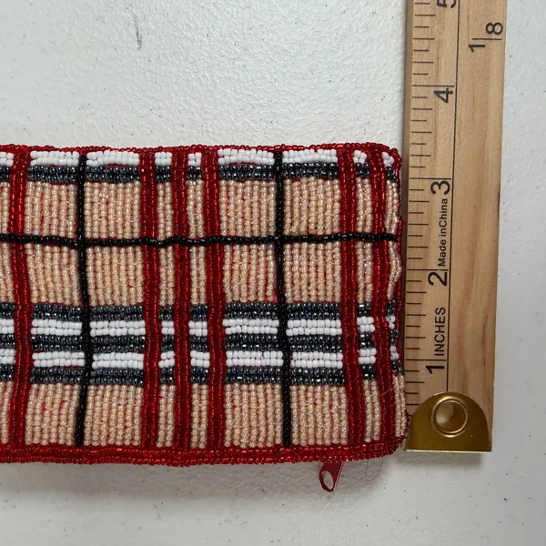 Vintage Coin Purse Plaid Beaded Red Tan White Black Zippered Card ID Pouch - Image 8