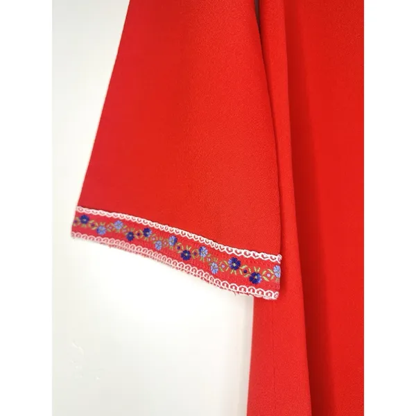 VTG 70s Handmade Red Maxi Dress Boho Embroidered‎ Disco Collar Bell Sleeve Small - Image 9